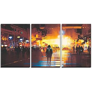 wall26 - 3 Piece Canvas Wall Art - Man Standing on Street Looking at Futuristic City at Night, Sci-Fi Concept - Modern Home Decor Stretched and Framed Ready to Hang - 24