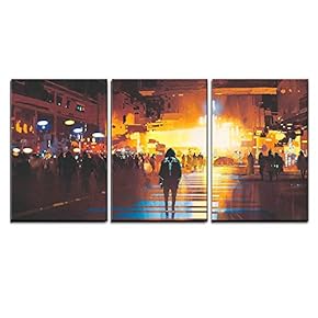 3 Piece Canvas Wall Art - Man Standing on Street Looking at Futuristic City at Night, Sci-Fi Concept - Modern Home Art Stretched and Framed Ready to Hang - 16"x24"x3 Panels