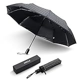 Automatic Folding Umbrella, Compact 10 Steel Ribs 70 MPH Windproof Travel Umbrella, Anti-UV UPF50+ Sunproof Umbrella, Black White Stripes by AIRCLE