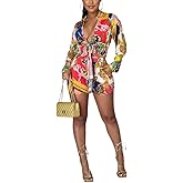 Glozeplus Women's 2 Piece Jumpsuit Floral Print Summer Long Sleeve Crop Top Bodycon Short Pant Set Outfits