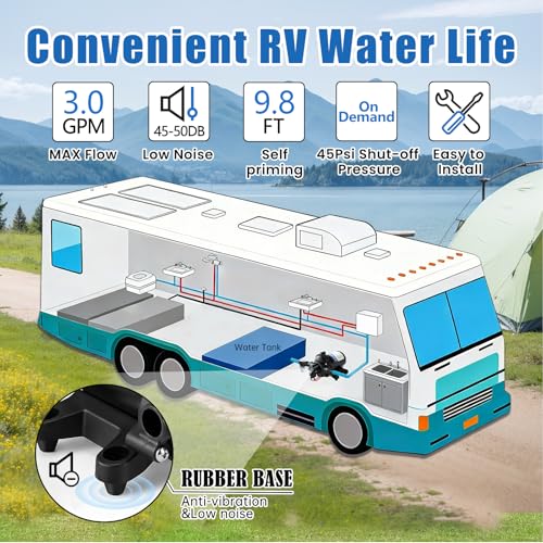 12V DC Self Priming Rv Water Pressure Pump, 3.0GPM 45PSI Quiet Water Diaphragm Pump with Pressure Switch for RV Marine Camping Yacht Boat Trailer Caravan
