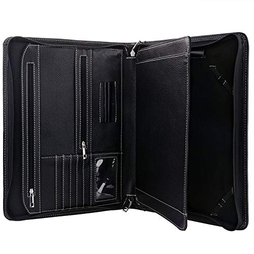 Black Leather Portfolio with Notepad Space for 10.5-inch / 11-inch iPad, Padfolio Case Business Zippered Organizer Document Folder with Letter Size Notepad Holder