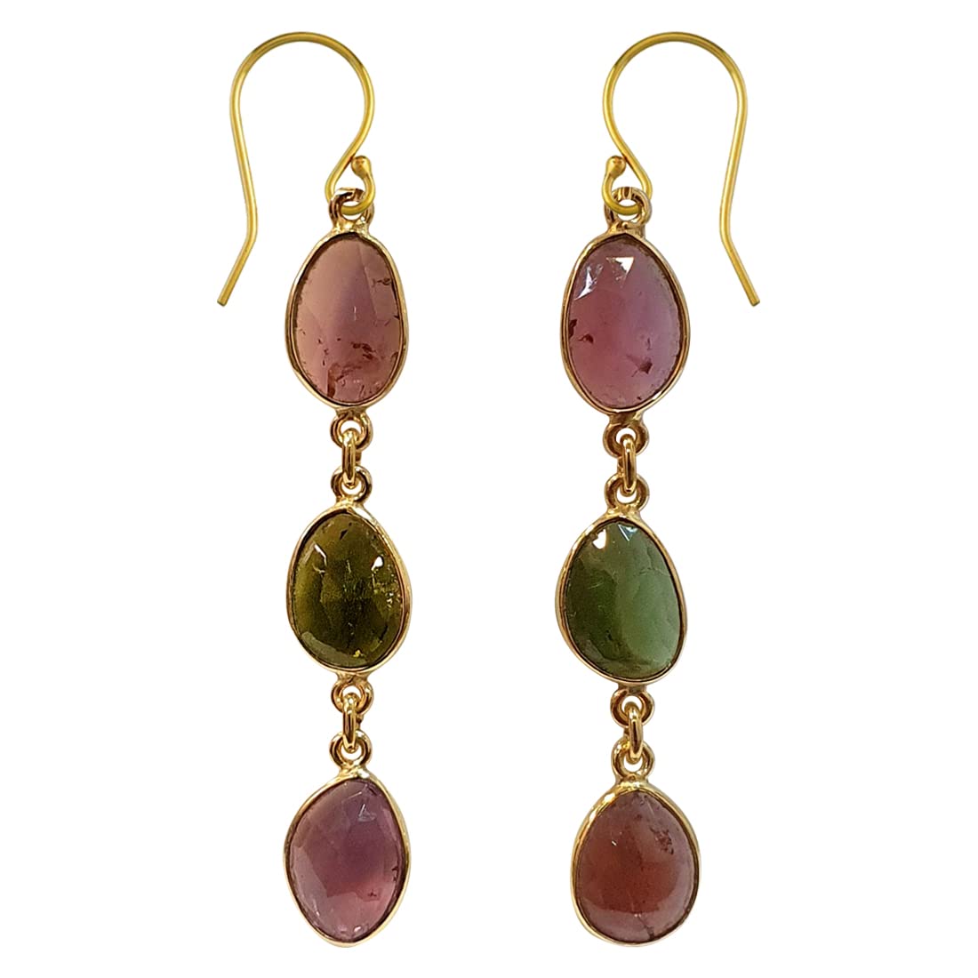Real Multi Tourmaline Gemstone Drop Dangle Earring For Women, Authentic 18ct yellow gold plated Silver Fashion Earring, Gift Party Modern Handmade Designer Jewellery