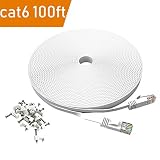 100 ft Cat 6 Ethernet Cable White - Flat Wire LAN Rj45 High Speed Internet Network Cable Slim with Clips - Faster Than Cat5e Cat5 with Snagless Connectors- (30 Meters) (100FT-White)