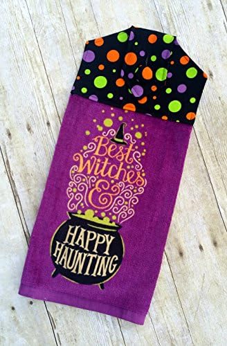 Halloween Best Witches &amp; Happy Haunting Fabric Topped Plush Hanging Towel perfect for Kitchen or Bathroom