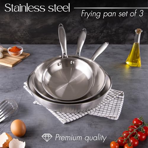 Stainless Steel Frying Pan Set – 3pcs Induction Hob Pan Set – Naturally Non-Stick Tri-Ply Stainless Steel – 18cm, 26cm & 30cm Cooking Pans – by Nuovva