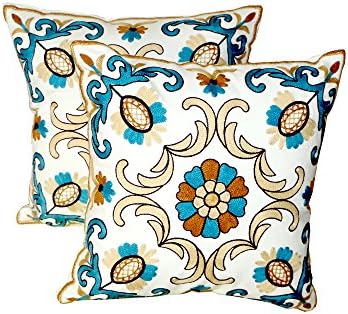 Campstoor Ethnic Style Cotton Embroidery Throw Pillow Case Cushion Cover Decorative 18x18" (18x18"2Pack, Flower Blue)