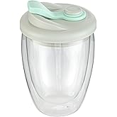 Restaurantware Glass Travel Mug 1 Count 12 Ounce Double Wall Borosilicate Reusable Coffee Cup, Spill-Resistant Gray and Green Silicone Lid, Clear Drinkware Mug for Hot and Cold Beverages