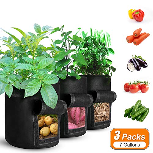SOOHAO Non-Woven Plant Grow Bags for Vegetables Fabric Large Plant Pots Outdoor with Handles Garden Aeration Pots with Velcro Window Heavy Duty Garden Nursery Container 7-Gallon 3-Pack