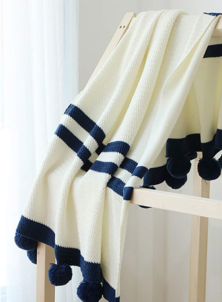 Ommda Super Soft Reversible Cotton Handmade Knitted Stripes Throw Blanket with Pompom for Couch Sofa Bed,Blue and White,130x160cm
