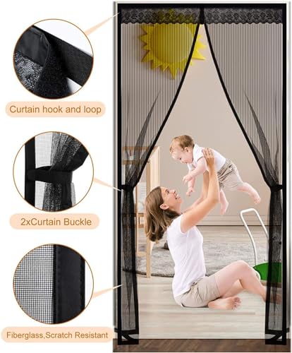 Cortina de Puerta Magnética,con sello magnético de cierre automático súper hermético,con Nylon Tiras de Almacenamiento en los Lados,Cinta Sin Taladros, puerta de pantalla magnética malla。 (210×90cm)