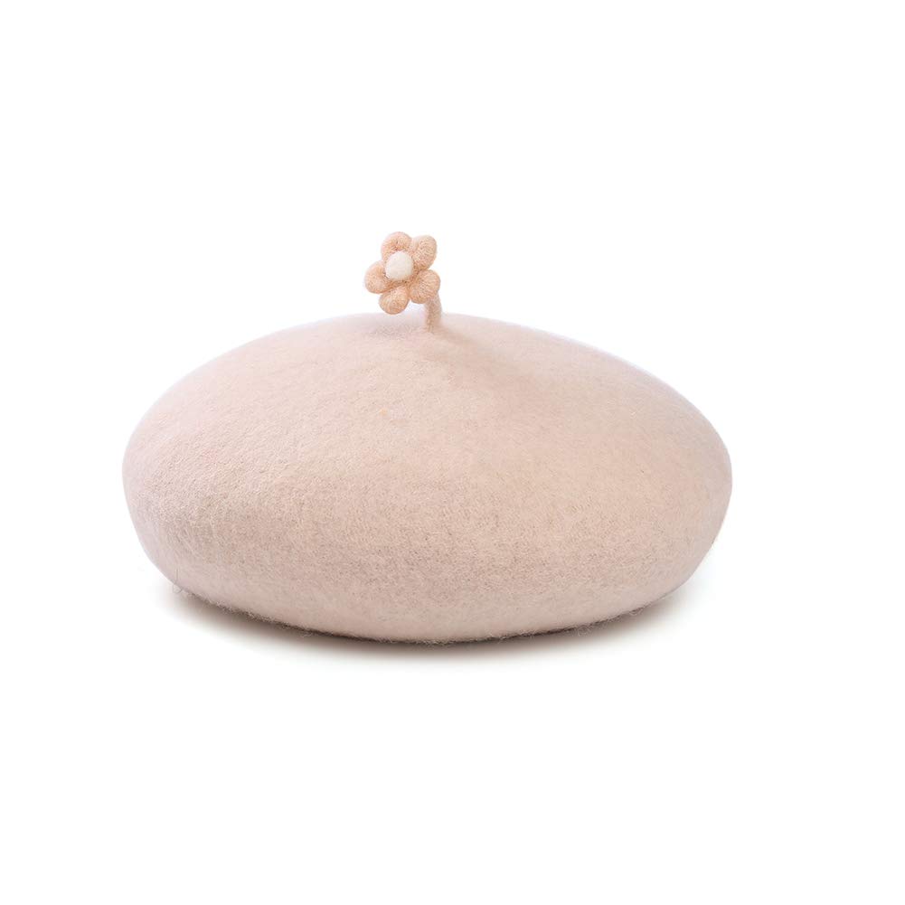 Zasy Solid Color Beret Hat Classic Wool Felt Flower Cap Casual French Beanie (White)