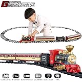 TEMI Train Set for Kids Toddlers 3-5, Train with Steam Engine, Cargo Car and Long Track, Rechargeable Battery Play Red Train Toys with Smoke, Light & Sounds, Gift for Boys & Girls 4-7 Years