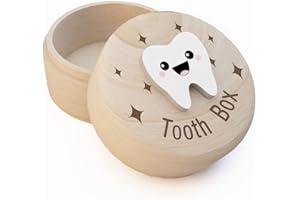 AZBUK Tooth Box for Kids, Tooth Fairy Wooden Box with Engraved Four-Pointed Star and 3D Tooth, Stores Lost Teeth for Boys and Girls Easy to Carry, Dropped Tooth Keepsake Storage Box （Tooth）