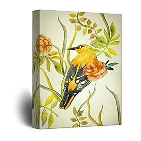 Canvas Wall Art - Vintage Style Yellow Bird on Flower Branch - Giclee Print Gallery Wrap Modern Home Art Ready to Hang - 12x18 inches