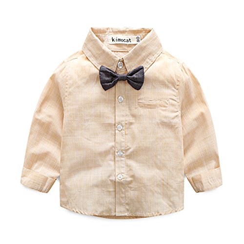 Baby Boy Shirt and Tie Sets Long Sleeve Woven Top+ Bowknot+ Shorts With Suspender Straps Outfits (12-18month, Yellow)