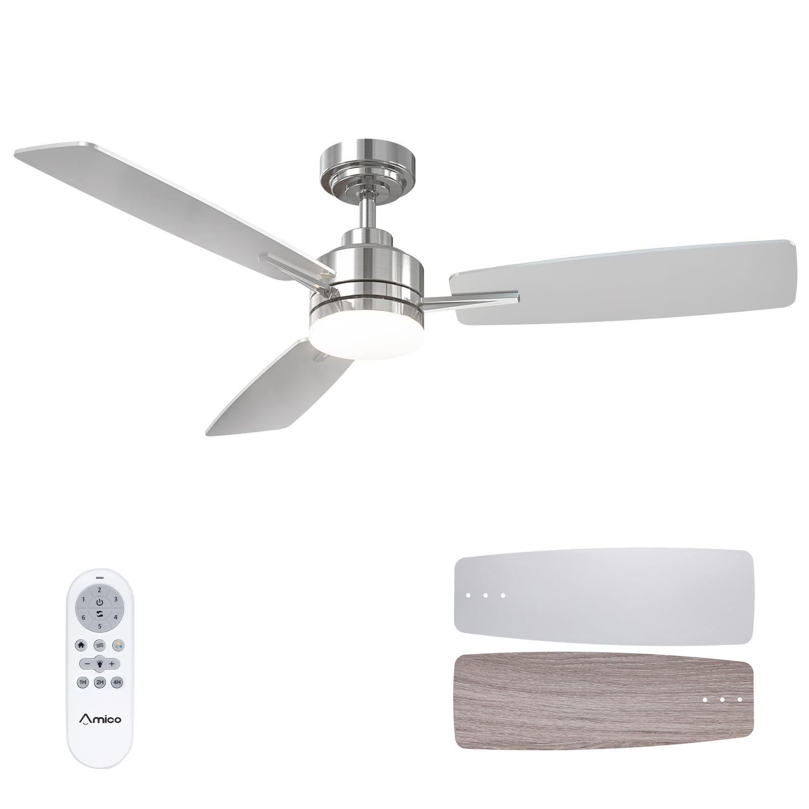 Photo 1 of Amico Ceiling Fans with Lights, 52 Inch Ceiling Fan with Light and Remote Control, Nickel Fan, Reversible, 3CCT, Dimmable, Noiseless, Ceiling Fan for Bedroom, Indoor/Outdoor Use