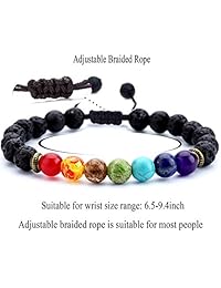 Hamoery brazalete con rocas de lava y cuentas de los 7 chakras, de 8 mm, para hombre y mujer, brazalete con piedras naturales para yoga con cordón trenzado