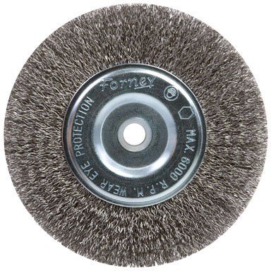 Forney 72745 Wire Bench Wheel Brush, Coarse Crimped with 1/2-Inch and 5/8-Inch Arbor, 6-Inch-by-.012-Inch