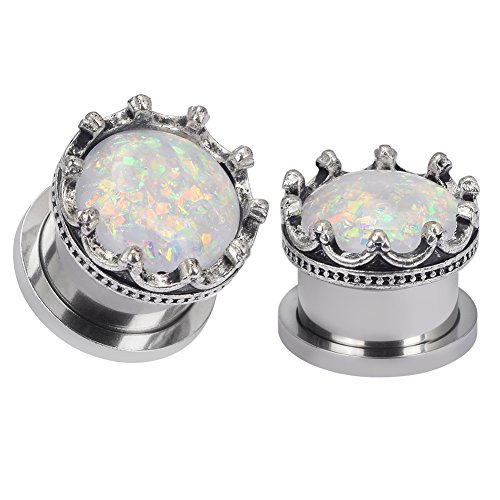 Longbeauty 2Pcs Stainless Steel White Opal Crown Ear Plugs and Tunnels Expander Stretcher Gauge 2g - Thumbnail 6