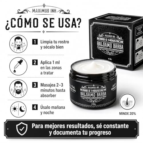 Bálsamo Activador de Crecimiento de Barba con Biotina Alta Concentración y Bergamota 20% | Estimulante para Hombres | Hace Crecer Vello Facial donde no había | Cierra Huecos y da Densidad | Tratamiento 1 Mes