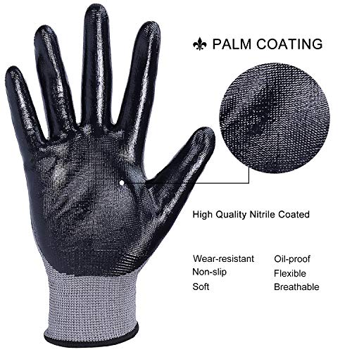 FWPP Black Nitrile Coated Work Gloves,Nylon Breathable Light Weight Garden Gloves for Men and Women,Antistatic Skin Flexible Safety Gloves,Pack of 6Pairs Large