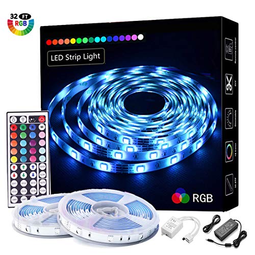 LED Strip Lights 32.8FT/10M 300 LEDs SMD5050 Non-Waterproof RGB Strip Lights Full Kit, LED Rope Lights Color Changing Flexible Tape Light Kit with 44 Keys IR Remote Controller & 12V 5A Power Supply