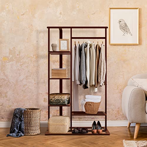 medla Bamboo Clothes Rack Stand: Cloth Hanger Wood Clothing Hanging Rail Standing Garment Rack with 1 Hanging Rod 3 Tier Side Storage Shelves and 2 Tier Bottom Shelves for bedroom Office Home