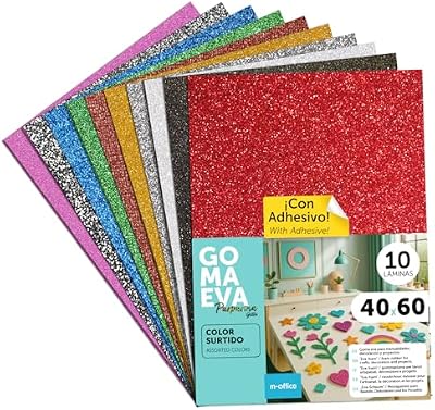 Goma Eva de Purpurina para Manualidades, Goma Espuma de Colores para Proyectos Creativos, Ideales para Artes y Manualidades, Escolar o Profesional 40x60cm (Surtido Adhesivo Purpurina, 10uds)