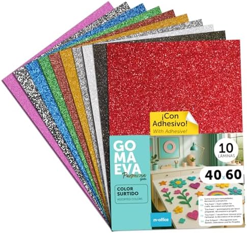Goma Eva de Purpurina para Manualidades, Goma Espuma de Colores para Proyectos Creativos, Ideales para Artes y Manualidades, Escolar o Profesional 40x60cm (Surtido Adhesivo Purpurina, 10uds)