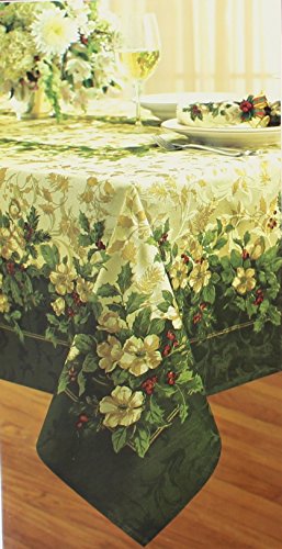 Winter Wonderland Damask Joyous Holiday Tablecloth 60 Inches x 84 Inches Seats 6 to 8 People Olive Color Pattern