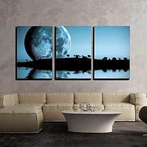3 Piece Canvas Wall Art - Night Landscape with Moon and Lake - Modern Home Art Stretched and Framed Ready to Hang - 16"x24"x3 Panels