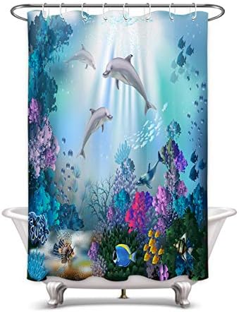 Lb 海底世界 動物柄 シャワーカーテン イルカたちと珊瑚 バスカーテン カラフル おしゃれ 浴室カーテン ポリエステル生地 防水防カビ加工 厚手 遮光 目隠し用 間仕切り リング付属 1ｘ175cm