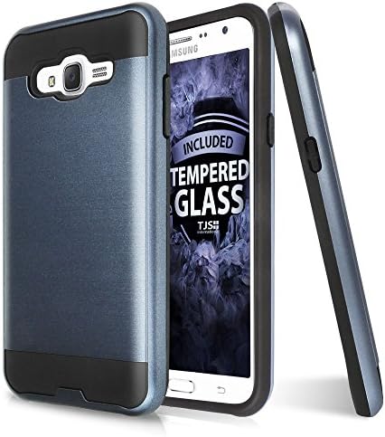 Galaxy On5 Case With TJS® Tempered Glass Screen Protector Included, Dual Layer Shockproof Hybrid Armor Drop Protection Metallic Brushed Finish Case Cover For Samsung Galaxy On5/G550 (Dark Blue)