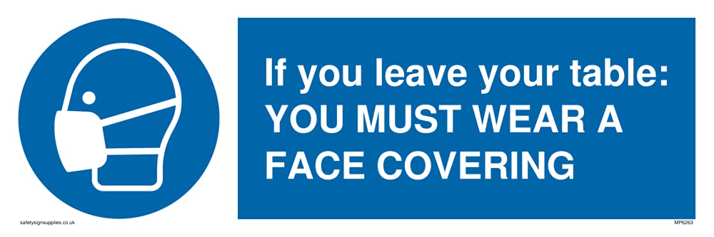 Pack of five - If you leave your table: YOU MUST WEAR A FACE COVERING Sign - 300x100mm - L31
