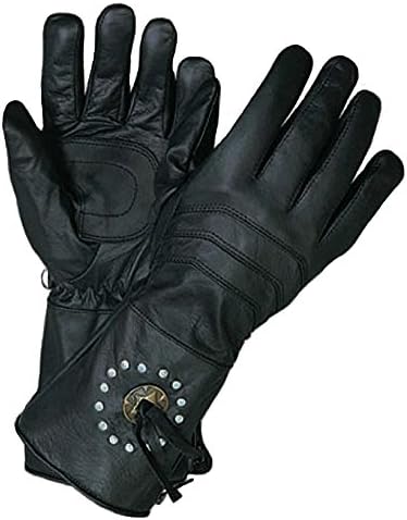 Black Motorcycle Leather Gauntlet Gloves w/ Concho Accent LARGE