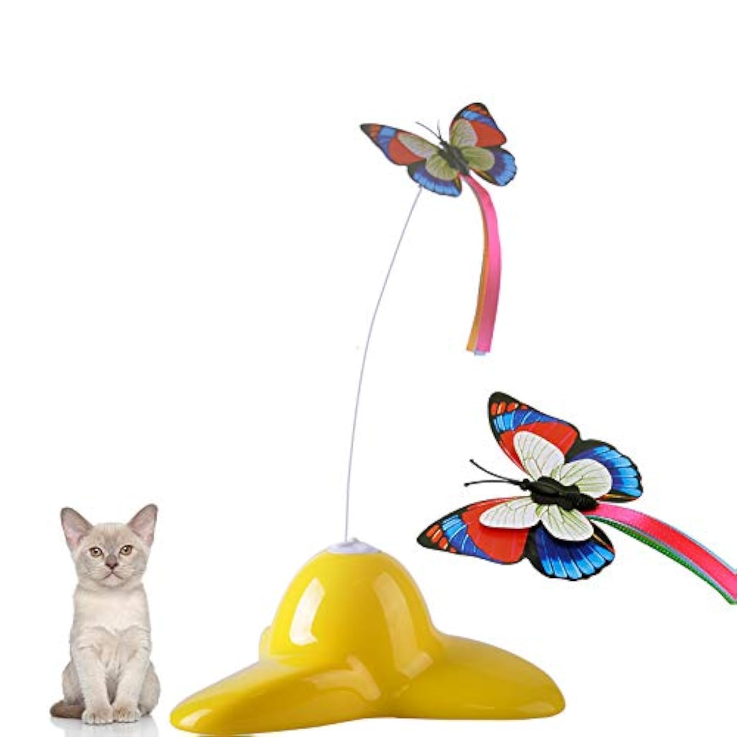Buyter Interactive Cat Toy Electric Rotating Butterfly Turntable Puzzle Pet Tease Pole (Yellow)