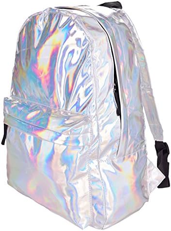 Yvettevans Holographic Laser Leather School Backpack Travel Bag Casual Daypack Sport Bag Laptop Bag Bling Glitter Bags (Holo graphic smoth)