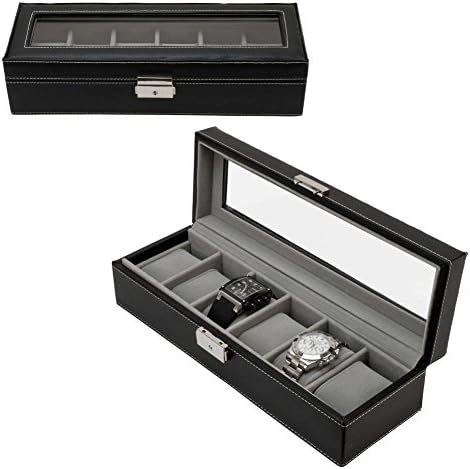NEW! 6 Slot Watch Box Leather Display Case Organizer Top Glass Jewelry Storage Black