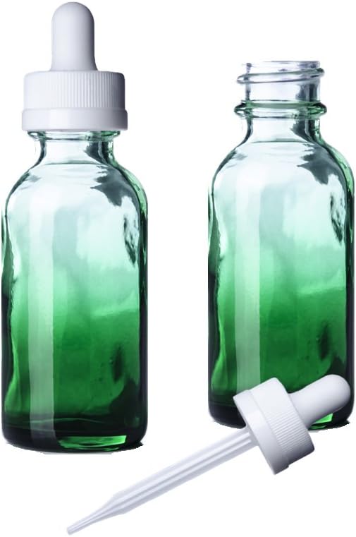 1 OZ GREEN Shaded Glass Boston Round Bottle Glass Pipette w/ white rubber bulb- Pack of 2