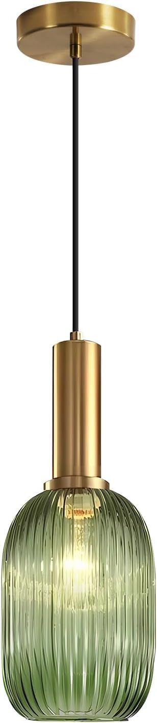 Photo 1 of KCO Lighting Green Ribbed Glass Pendant Light Kitchen Island Small Antique Brass Ceiling Pendant Light Mid Century Modern Dining Room Hanging Light Fixture Gold Globe Pendant Lighting