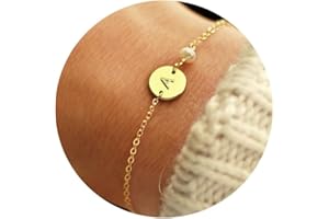 Turandoss Gold Initial Bracelets for Women - Personalized Gold Bracelets for Women Teen Girls Initial Pearl Bracelets for Girls Gifts Disc Monogram Bracelets Gold Jewelry for Women Teen Girl Gifts
