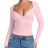 eoeoo Women's Sexy Deep V Neck Long Sleeve Double Lined Ruched Tops Slim Fitted Going Out Tshirts