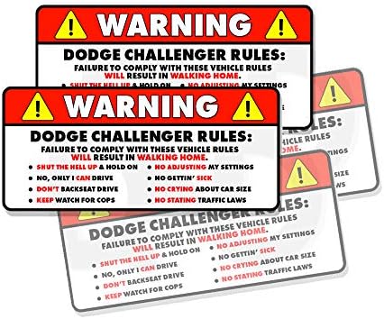 Wrapped In Ink Dodge Challenger Rules Car Warning Safety Label Vehicle Funny Sticker Decal 4 Pack 5"
