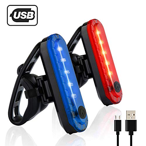 Yuwumin Rear Bike Tail Light 2 Pack,Ultra Bright USB Rechargeable Volcano Bicycle Taillights,Red High Intensity Led Accessories Fits On Any Road Bikes,Helmets. (Red-1pc,Blue-1 pc)