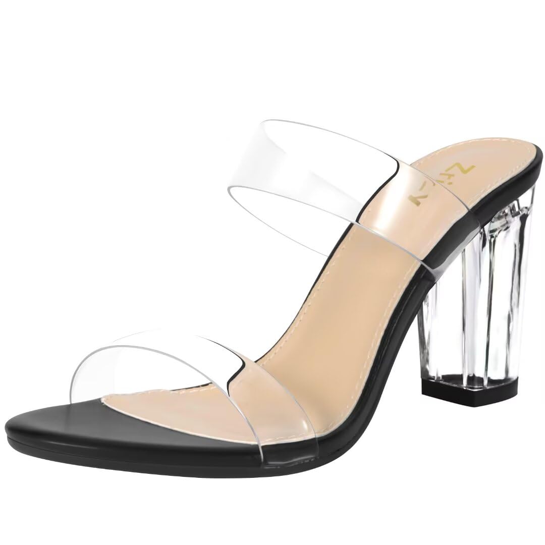 Photo 1 of ZriEy Clear Block Sandals Chunky Heels for Women 3.35 Inch Open Toe Two Strap Slip on Heels Mid Pump Sandals for Weddings Parties Daily Wear Black Clear Size 8.5