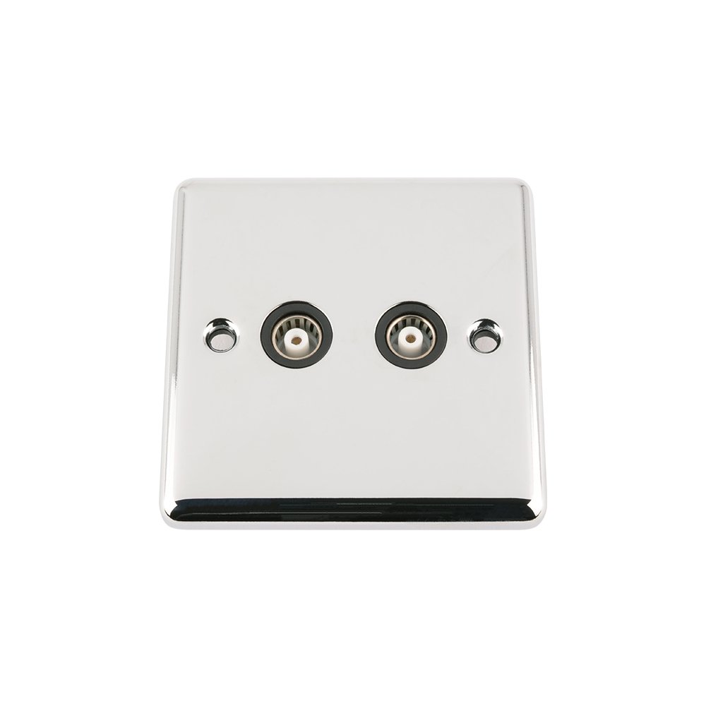 TV Coaxial Aerial Socket Double 2 Gang - Polished Chrome Classic - Black Insert
