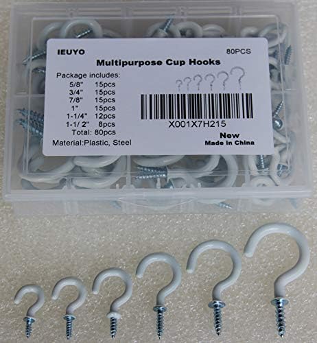 IEUYO Multipurpose Cup Hooks Mug Hooks Ceiling Hooks Screw Hooks Kit Fine Good Vinyl Coated Screw Hanger for Home and Office Use,White,80 Pcs/6Sizes(5/8",3/4",7/8",1",1-1/4",1-1/2")