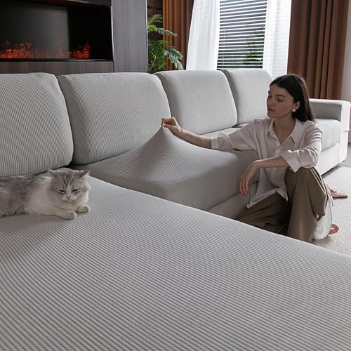 OHSIO Stretch Sofa Cushion Cover, Non-Slip, Washable, Universal, Resistant and Easy to Clean (Light Grey, 2 S Seat Covers + 1 Chaise Longue Cover)
