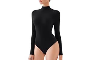REORIA Women's Turtle Neck Long Sleeve Bodysuit Basic Slim Fit Double Lined Lightweight Layering Top for Fall & Winter
